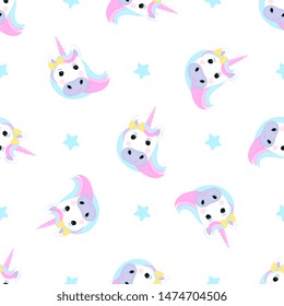 Funny unicorn and stars. Seamless pattern for the decoration of the nursery for a girl or boy, for the design of kids clothing, things