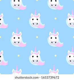 Funny unicorn and stars. Seamless pattern for the decoration of the nursery for a girl or boy, for the design of kids clothing, things