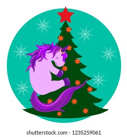 Funny unicorn surrounded by snowflakes hugging a green christmas tree on round blue background. Vector illustration
