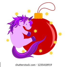 Funny unicorn surrounded by stars hugging a red Christmas bauble on white background. Vector illustration