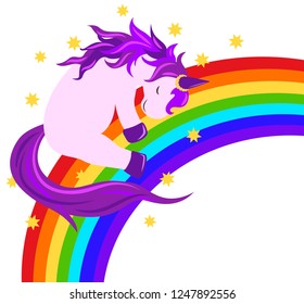 Funny unicorn surrounded by stars hugging a rainbow on white background. Vector illustration