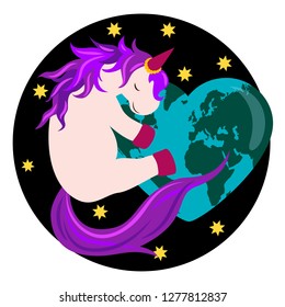 Funny unicorn surrounded by stars hugging earth heart on black round background