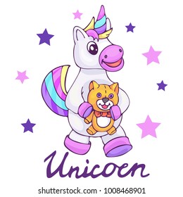 Funny unicorn with toy cat. Cartoon character cute unicorn horse. Can be used for children print, Birthday card, t-shirt, sticker. Kids magic concept Isolated on white background. Vector illustration.