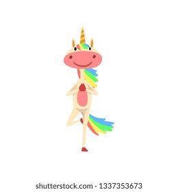 Funny Unicorn in Tree Position, Fantasy Beautiful Horse Character with Rainbow Mane and Tail Practicing Yoga Exercise Vector Illustration