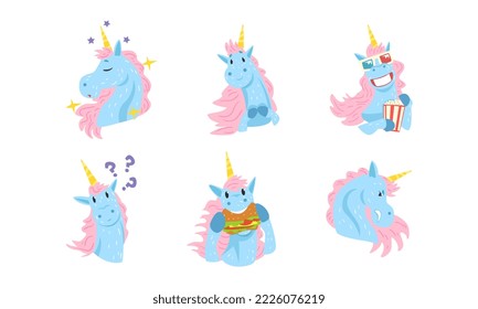 Funny unicorn with various face expression set. Happy, thoughtful, frightened mythical animal character cartoon vector illustration