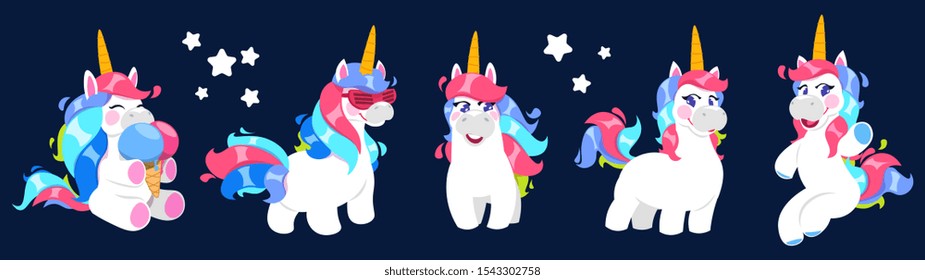 Funny unicorn. Vector cartoon unicorn collection. Cute white magic pony with colorful tails