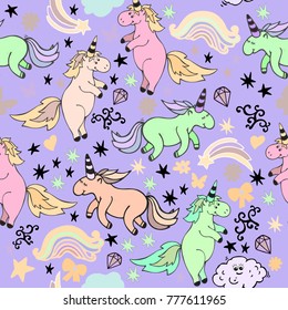Funny Unicorn vector seamless pattern.