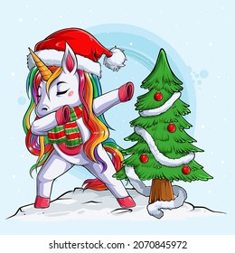 Funny unicorn wearing Santa Claus hat and scarf doing dabbing dance around Christmas tree