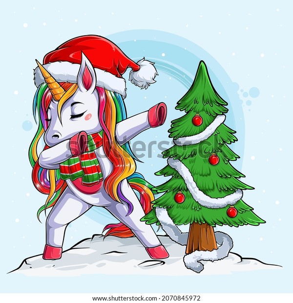 Funny unicorn wearing Santa Claus\
hat and scarf doing dabbing dance around Christmas\
tree