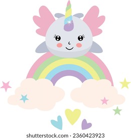 Funny unicorn whale on magic rainbow