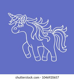 Funny unicorn white silhouette sketch icon on the blue background
