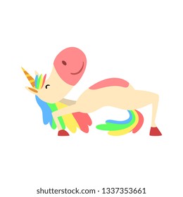 Funny Unicorn in Yoga Position, Fantasy Beautiful Horse Character with Rainbow Mane and Tail Practicing Yoga Exercise Vector Illustration