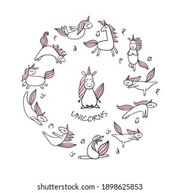 Funny Unicorns doing yoga. Circle Background for your design. Vector illustration