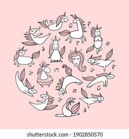 Funny Unicorns doing yoga. Circle Background for your design. Vector illustration