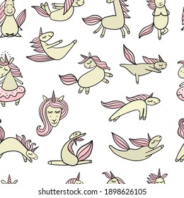 Funny Unicorns doing yoga. Seamless Pattern for your design. Vector illustration
