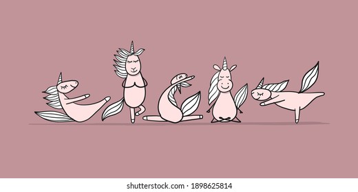 Funny Unicorns doing yoga, sketch for your design. Vector illustration