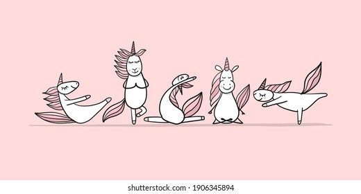 Funny Unicorns doing yoga, sketch for your design. Vector illustration