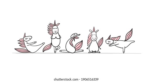Funny Unicorns doing yoga, sketch for your design. Vector illustration