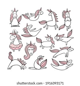 Funny Unicorns doing yoga, sketch for your design. Vector illustration