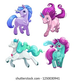 	
Funny unicorns. Little cute cartoon pony princess set. Vector beautiful horses icons. Isolated on white background.