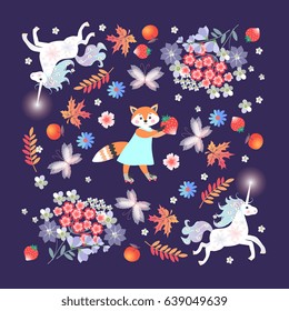 Funny unicorns and lovely little fox. Bandana print for children. Vector template.