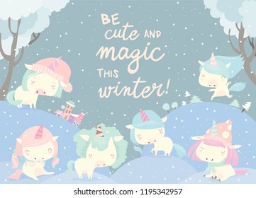 Unicornios divertidos en el bosque de nieve. Invierno mágico