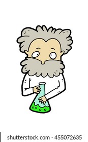 Funny unkempt crazy genial chemist holding a laboratory flask with some bubbling fluid, poison or medicine that could become a great discovery and advance modern science far ahead