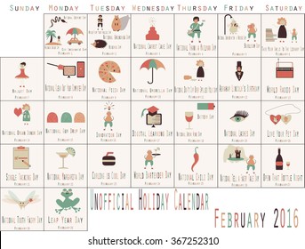 Funny Unofficial Holiday Calendar for February 2016. Every Day is a Holiday 