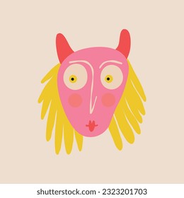 Funny unusual face of a girl with a dissatisfied face and horns. Illustration in childish style