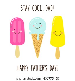 Funny unusual hand drawn Father's Day greeting card with cute cartoon characters of ice cream and comic hand written text