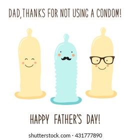 Funny unusual hand drawn Father's Day greeting card with cute cartoon characters of condoms and comic hand written text