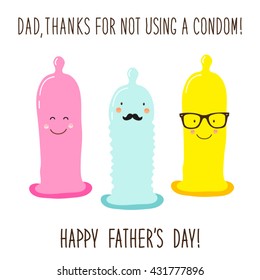 Funny unusual hand drawn Father's Day greeting card with cute cartoon characters of condoms and comic hand written text