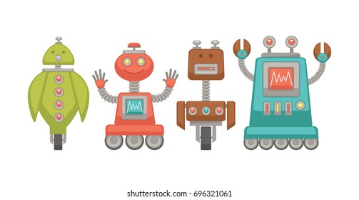 Robots inusuales divertidos sobre ruedas ilustraciones de dibujos animados aislados