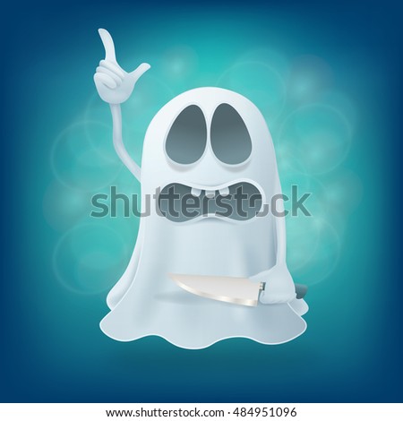 funny upset cartoon ghost character with knife. Vector illustration