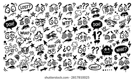 Funny urban doodle collection featuring dizzy eyes confused facial expressions surprised characters and quirky icons with handwritten text bubbles like wtf and doh including lightning bolts stars and question marks for creative street art projects and graphic design layouts.