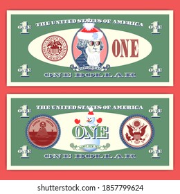Funny US one dollar banknote. Basic government and bank seals from lines. Stylistic portrait with beard, mustache, glasses, hat. Ribbons of Merry Christmas and Happy New Year. Smiling snowman. EPS10