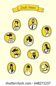 Funny user avatars in doodle style. Human faces in frames on yellow background. Vector illustration.