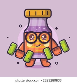 funny vaccine bottle character mascot doing bodybuilding using dumbbell isolated cartoon in flat style design