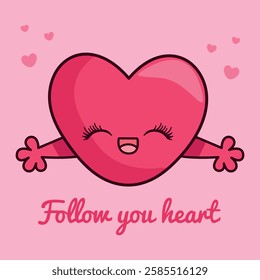 Funny valentine card with pink heart in kawaii style. Cute Valentine's Day character vector illustration