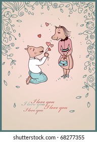  funny  valentine card with two pretty hippo in love