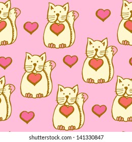 Funny Valentine cats, vector seamless background