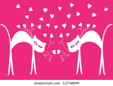 funny valentine concept with couple of cats and hearts in white silhouettes isolated on pink background