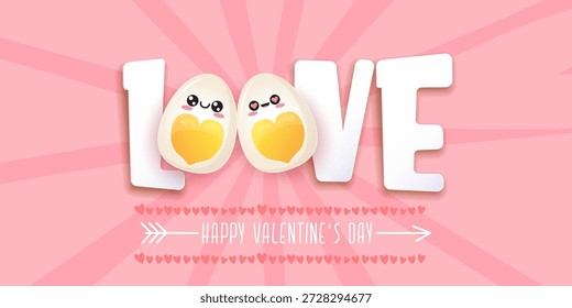 Funny Valentine s Day Horizontal Vector Banner with Cute Egg Character, Pink Abstract Background and Heart Elements Happy Love Holiday Cartoon Design