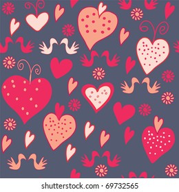 Funny valentine seamless pattern with hearts and birds