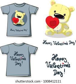 funny valentine shirt printing with  teddy bear holding a patched heart -  flat design vector illustration