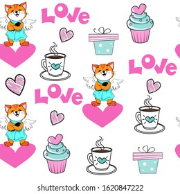 Funny valentines cat and girls items on a white background seamless pattern