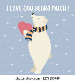 Funny Valentine's day card with polar bear. Flat design