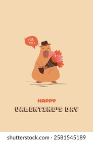 Funny Valentine's Day card with romantic capybaras with hearts. Vector template for greetings, cards, party invitations. 