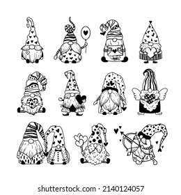 Funny Valentine's day garden gnomes isolated clip arts bundle, Cute dwarfs with hearts, valentine kids characters, vector