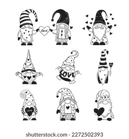 Funny Valentine's day garden gnomes isolated clip arts bundle, Cute dwarfs with hearts, valentine kids characters, vector